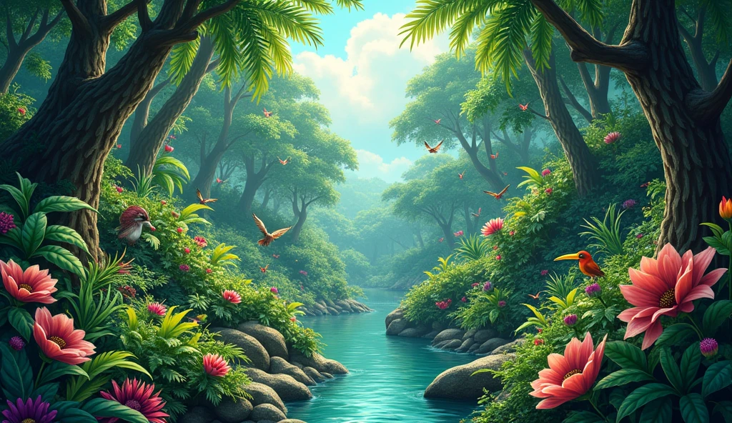 "Create a vibrant and lush jungle scene with dense green foliage, tall trees with thick canopies, and a variety of plants and shrubs. Include a clear, sparkling stream running through the jungle and diverse wildlife such as birds, butterflies, and small animals to enhance the feeling of a thriving ecosystem."