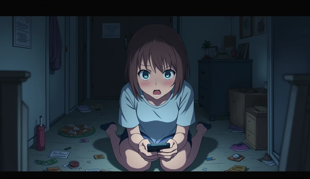 Anime image of a age girl with short brown hair wearing a t-shirt and shorts, holding a phone and reading a threatening message. Atmosphere:Tense, scary place: In the room, things were scattered all over the floor, amidst the cluttered decorations.: The room is lit by the light of the phone, the mood: Tension and shock: The student opened the message and felt the stress from the message he found.
