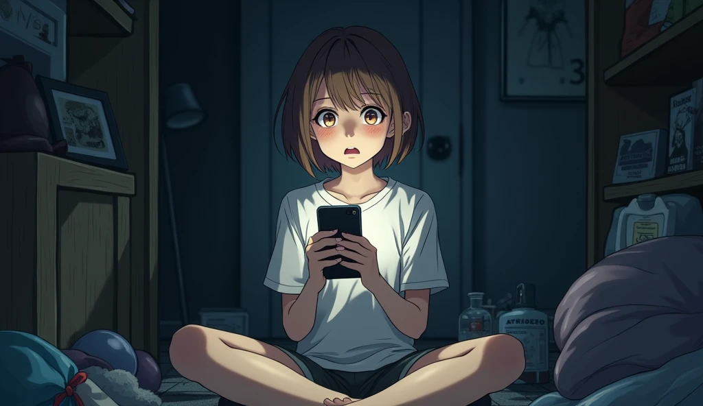 Anime image of a teenage girl with short brown hair wearing a t-shirt and shorts, holding a phone and reading a threatening message. Atmosphere:Tense, scary place: In the room, things were scattered all over the floor, amidst the cluttered decorations.: The room is lit by the light of the phone, the mood: Tension and shock: The student opened the message and felt the stress from the message he found.
