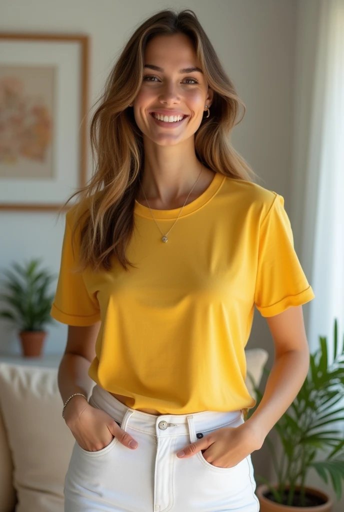 Yellow t shirt white jeans wearing beutiful girl at home