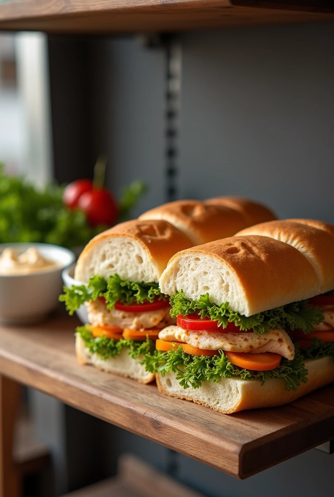 A juicy chicken vegetable bread sandwich cut in half and dips are placed on left side of sandwich in kitchen shelf
