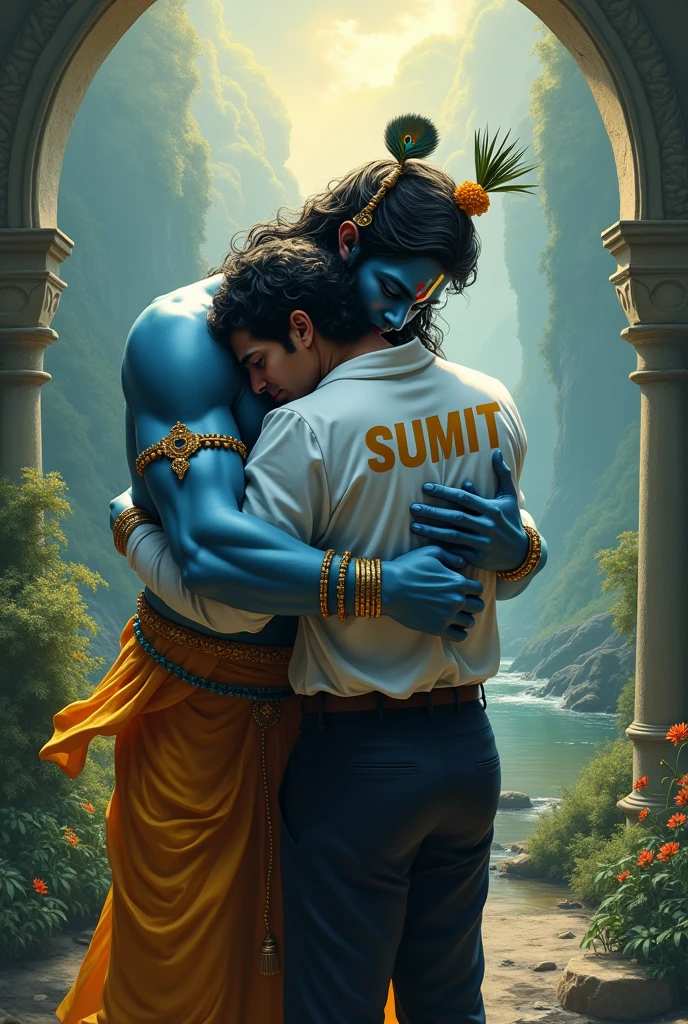 generate an image in which lord krishna hugging a 30 year old men named "sumit" Wearing white shirt and black pant in hindu heaven and both are crying and the name of men "sumit" dispalyed in his back jn bold lettera  