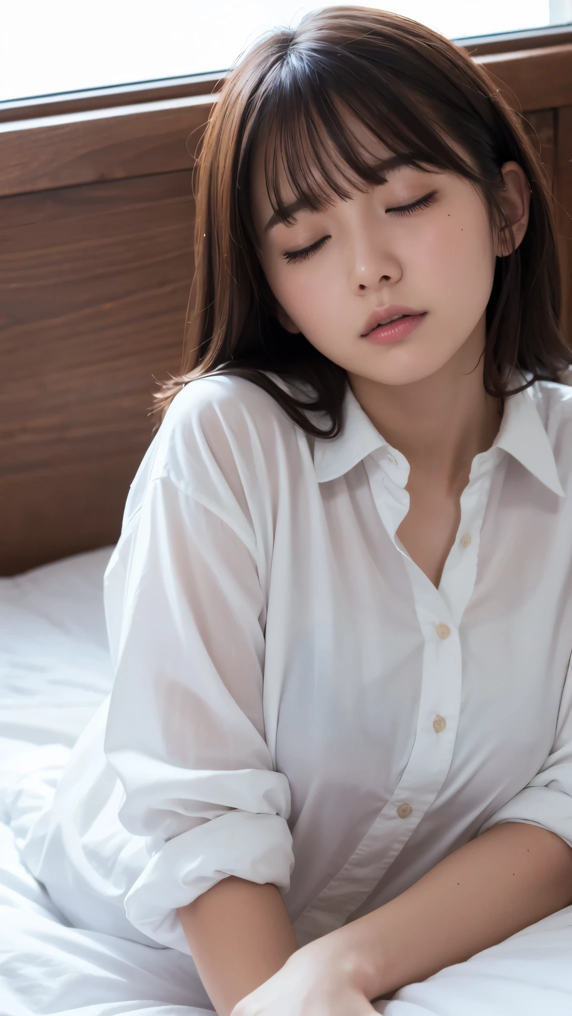 Girl waking up、Large clothes、White shirt、On the bed、Sleepy face、Eyes closed、Open clothes、Lying in bed