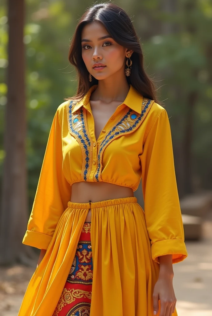 Mustard colour top with colar
With mustard colour ethinic skirt 