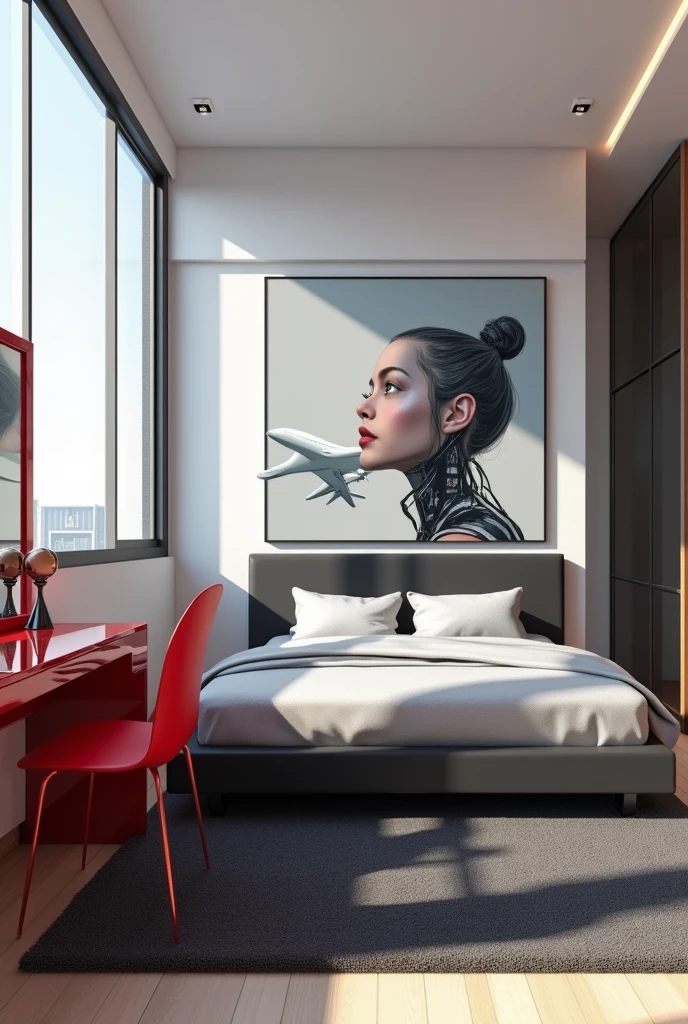 Professional 3d architecture rendering design of modern   girl teenage  room with modern dark bed and  light silver blanket and sheets modern   red glassy makeup table and glassy  chairand  glassy  red glassy piano And modern windows  and beautiful and modern  avatar painting wall with big airplane  painting  and modern windows and showing complete bed room and light gray stone for floor and elegant  dark carpet and small ai similar human sitting on the chair and light gray wall 