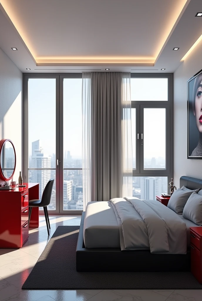Professional 3d architecture rendering design of modern   girl teenage  room with modern dark bed and  light silver blanket and sheets modern   red glassy makeup table and glassy  chairand  glassy  red glassy piano And modern windows  and beautiful and modern  avatar painting wall with big airplane  painting  and modern windows and showing complete bed room and light gray stone for floor and elegant  dark carpet and small ai similar human sitting on the chair and light gray wall 