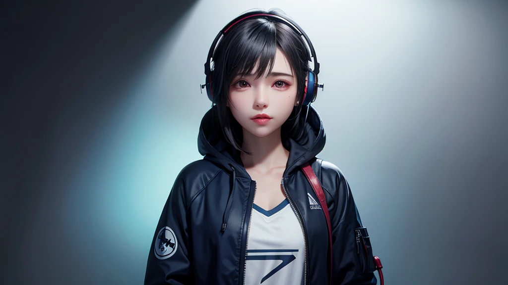 ultra detailed,1 girl, solo, jacket with hoodie, cool, headphone, RGB lighting headphones, headphones with blue lighting, headphone with cable, blue lighting, wallpaper
