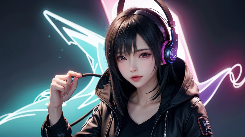 ultra detailed,1 girl, solo, jacket with hoodie, cool, headphone, RGB lighting headphones, headphones with blue lighting, headphone with cable, blue lighting, wallpaper
