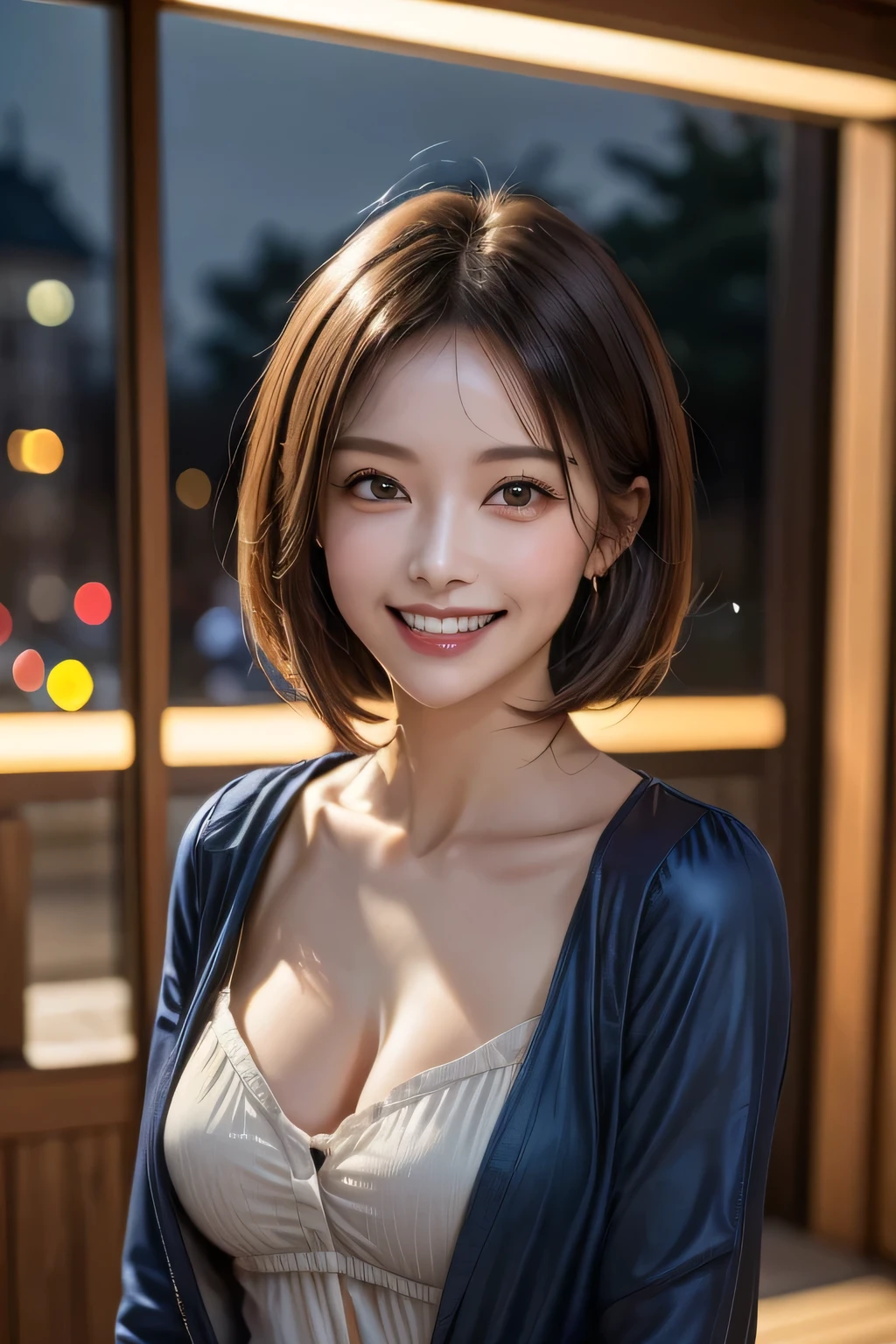 (highest quality, 8k, 32K, masterpiece), (Realistic), (Realistic:1.2), (High resolution), (night:1.7), Japan, cyber punk, 街の景Farbe, In front of the window,Wooden floor, Blue jacket, Grey Shirt, clavicle, jewelry, gem, Brunette Bob, 1 female, 4, (Grin), Beautiful body, beautifulNose, beautifulcharacter design, Perfect Eyes, perfectface, Expressive eyes, View your viewers, Center the image, (Cowboy Shot), Official Art, Very detailed CG Unity 8k wallpaper, Perfect lighting,Farbeful, bright_front_face_Lighting,Glowing Skin, (masterpiece:1.0),(Highest_quality:1.0), 超High resolution,4K,Very detailed, photograph, 8k, High resolution, High resolution, absurdes:1.2, Kodak Port 400, Film Grain, Blurred Background, bokeh:1.2, Lens flare, (Vibrant_Farbe:1.2) (beautiful,chest), (beautiful_face:1.5),(narrow_Waist)