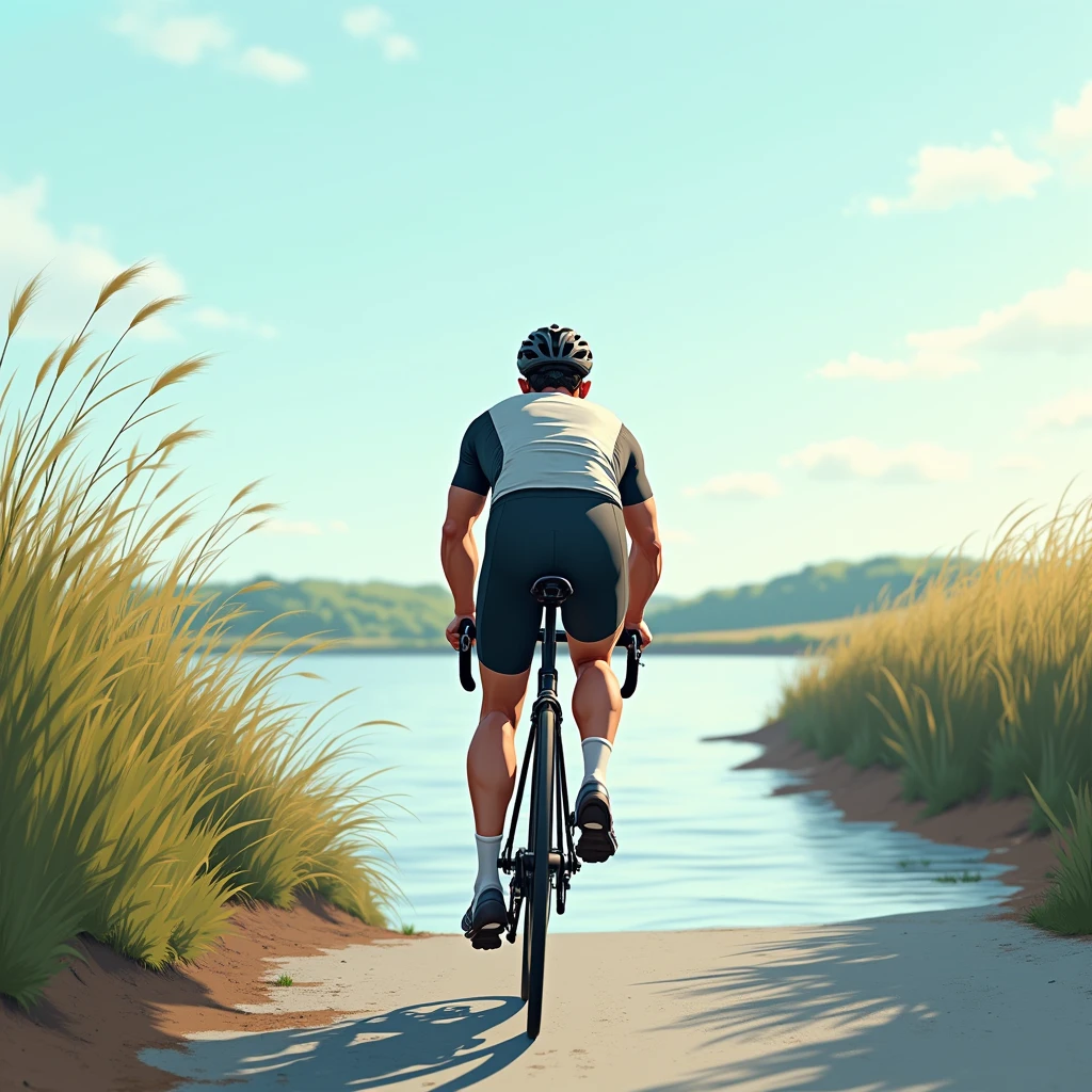 Photorealistic illustrations。
Male road bike rider、Ride your road bike straight into the distance。From behind。Wearing a helmet。
The river bank is a cycling road.、Running there。Although it is a clear sky、The headwind is strong、The short grass nearby is being blown by the wind.。The athletes are struggling with the headwind、I'm somehow managing to push forward。