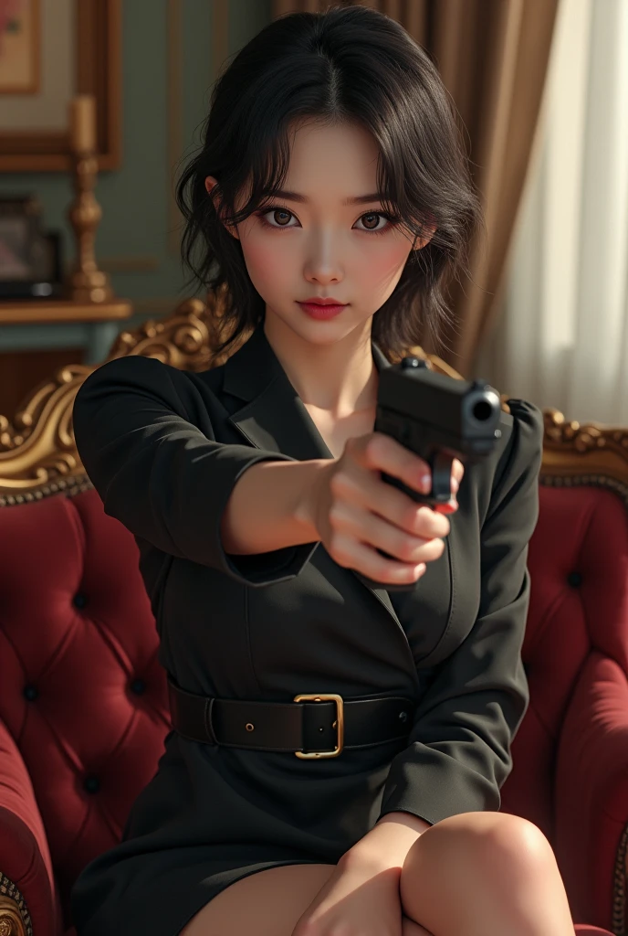 Sexy white korean animated Girl with a gun in her hand sittting in the chair with pose and wearning black army dress in her beautiful house
