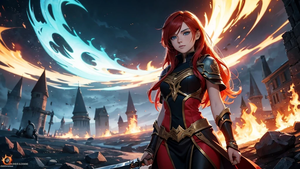 A masterpiece depicting a beautiful white girl, burn, Surrounded by flames, dota2 fire girl style, Ghost Knife Style, Fiery hair, Long Red Hair, watery blue Big eyes, Narrow waist, Wide Hips, Wizard Robe, Magic colors, World of Warcraft Style, Blizzard Entertainment, Ultra HD, 8k, Realistic skin texture, The best light, Best Shadow, Dota2 Lina, action, The wizarding world, Bird&#39;s-eye view, Small Mouth, Small Nose, Big eyes, cute