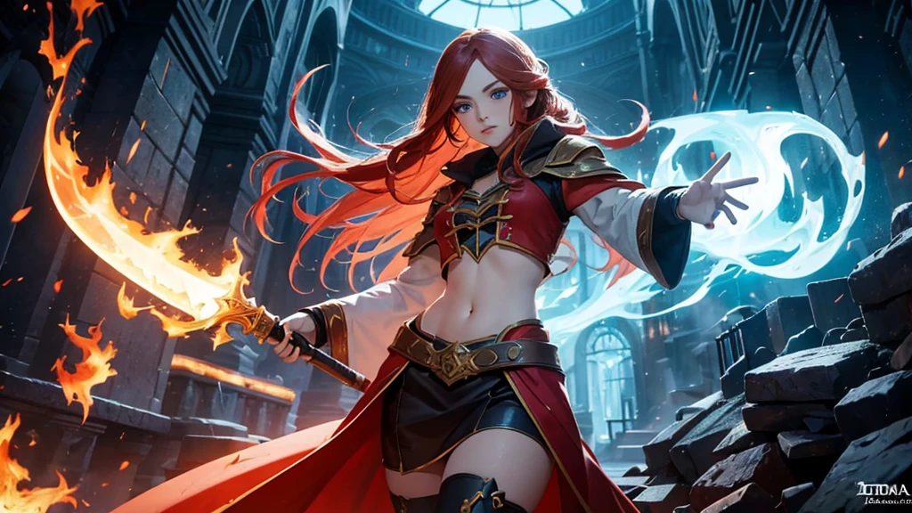 A masterpiece depicting a beautiful white girl, burn, Surrounded by flames, dota2 fire girl style, Ghost Knife Style, Fiery hair, Long Red Hair, watery blue Big eyes, Narrow waist, Wide Hips, Wizard Robe, Magic colors, World of Warcraft Style, Blizzard Entertainment, Ultra HD, 8k, Realistic skin texture, The best light, Best Shadow, Dota2 Lina, action, The wizarding world, Bird's-eye view, Small Mouth, Small Nose, Big eyes, cute