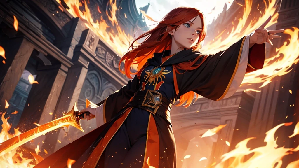 A masterpiece depicting a beautiful white girl, burn, Surrounded by flames, dota2 fire girl style, Ghost Knife Style, Fiery hair, Long Red Hair, watery blue Big eyes, Narrow waist, Wide Hips, Wizard Robe, Magic colors, World of Warcraft Style, Blizzard Entertainment, Ultra HD, 8k, Realistic skin texture, The best light, Best Shadow, Dota2 Lina, action, The wizarding world, Bird&#39;s-eye view, Small Mouth, Small Nose, Big eyes, cute