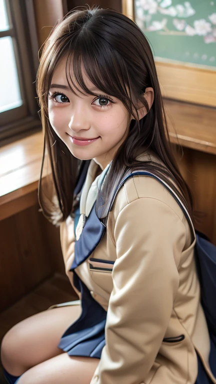 (8k, Photorealistic, RAW Photos, Best image quality: 1.4), Japanese girl、Super detailed face、Eye on the details、double eyelid、Sharp focus:1.2、Beautiful woman:1.4、Light brown hair、Highest quality、masterpiece、Ultra-high resolution、(Photorealistic:1.4)、非常に詳細でプロフェッショナルに照らされたsmile、(Japanese high school uniform:1.5)、blush、amount、Small breasts、Shaggy Hair、From above、High angle、smile、Selfie、freckles、classroom,Sitting at a desk、Knee-high socks、On your knees