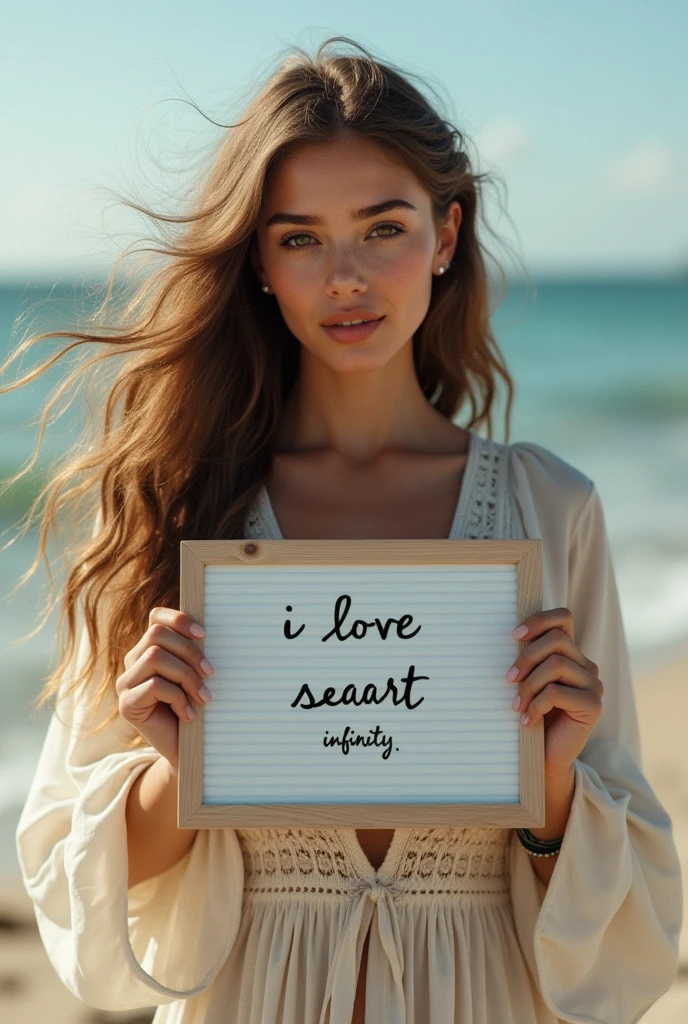 Beautiful girl with wavy long hair, bohemian dress, holding a white board with text "I Love Seaart Infinity" and showing it to the viewer