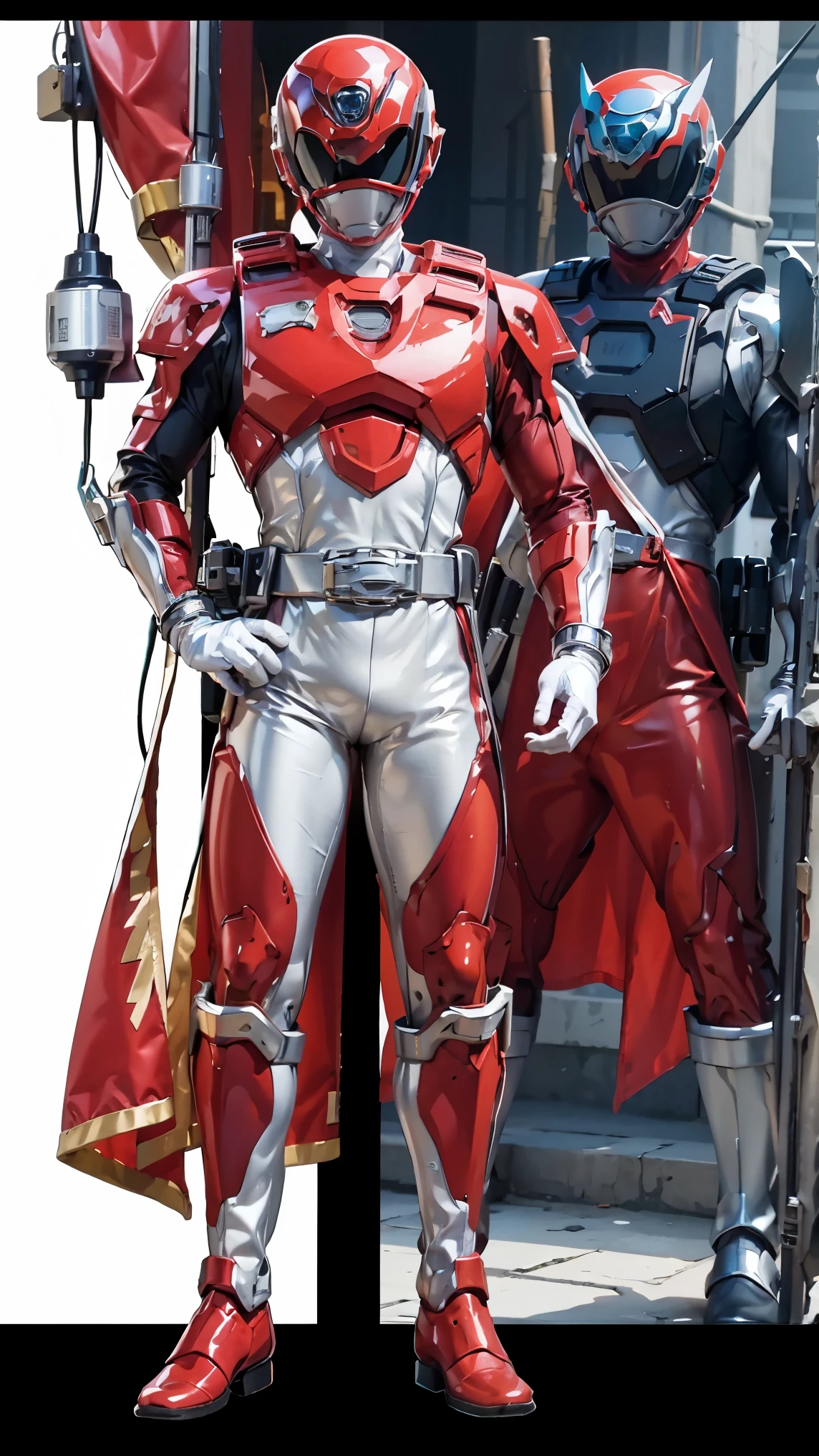 1boy, full body, Illustration, cinematic light, high resolution, best quality, ultra detailed, masterpiece, power suit, powerranger, suit, spd, (Silver and Gold chestplate), red and gold detail, (((white suit))),
