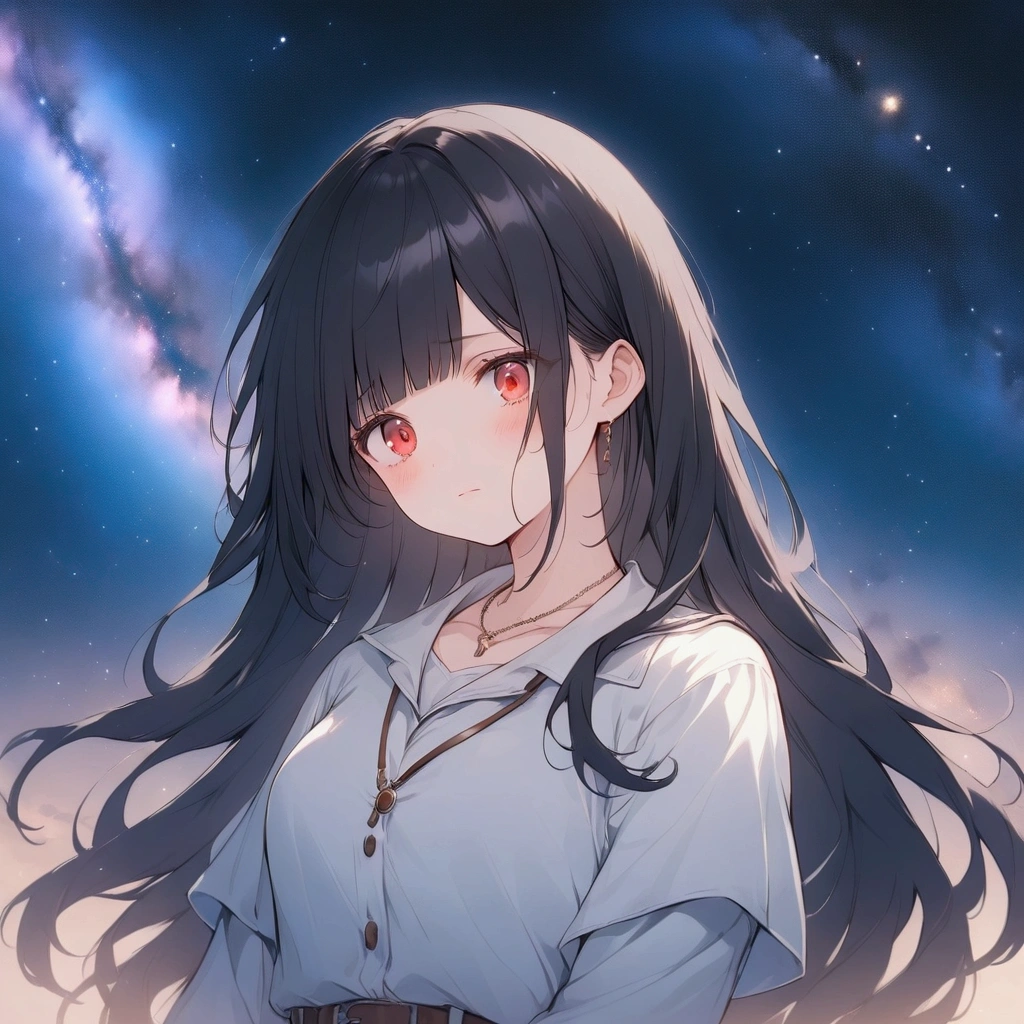 woman,sad,despair,student,Long Hair,Fluffy long hair,Catch the wind,(Black Hair),Diagonal bangs,necklace,gloves,Red eyes,Big eyes,Lonely,Western-style uniform,magical sky,Milky Way,moonlight,Distorted Space-Time
