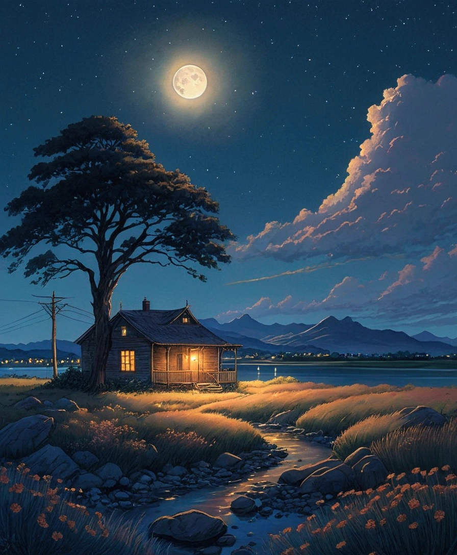 "A tranquil night scene under a starry sky with a full moon casting a soft glow over the landscape. The sky is dotted with twinkling stars, and a few wispy clouds drift lazily. In the foreground, tall grass and wildflowers gently sway in the night breeze, their colors muted under the moonlight. A small house sits quietly, with a utility pole and power lines stretching across the scene. Nearby, a large tree stands tall, its branches reaching towards the sky. A clear body of water reflects the moonlight, bordered by rocks and a few scattered buildings in the distance. Majestic mountains rise in the background, completing this serene, outdoor scenery. No humans are present, allowing the natural beauty of the night to take center stage."