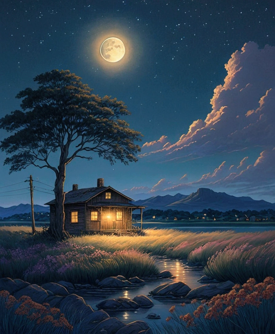 "A tranquil night scene under a starry sky with a full moon casting a soft glow over the landscape. The sky is dotted with twinkling stars, and a few wispy clouds drift lazily. In the foreground, tall grass and wildflowers gently sway in the night breeze, their colors muted under the moonlight. A small house sits quietly, with a utility pole and power lines stretching across the scene. Nearby, a large tree stands tall, its branches reaching towards the sky. A clear body of water reflects the moonlight, bordered by rocks and a few scattered buildings in the distance. Majestic mountains rise in the background, completing this serene, outdoor scenery. No humans are present, allowing the natural beauty of the night to take center stage."
