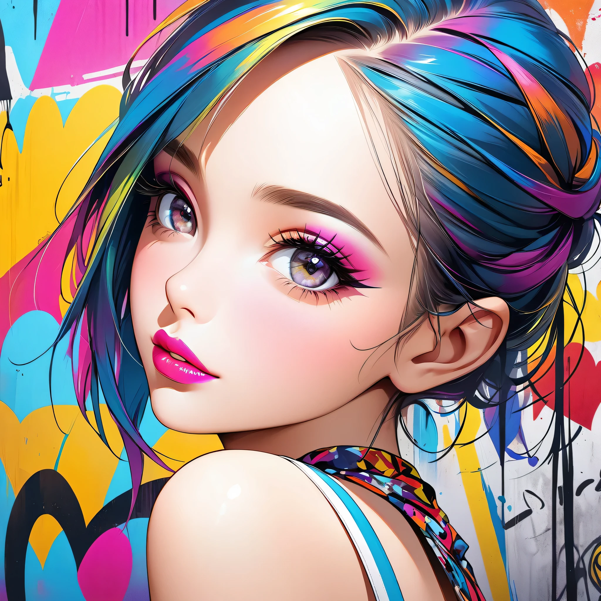 Ultra-realism Micho colorful style, Simple Line Initialism,Abstract art,(((The most beautiful girl of all time))), Sweet face. Lips in love, colorful hearts, stylish design, Summer beach fashion, Dark Eyes, Graffiti on the wall