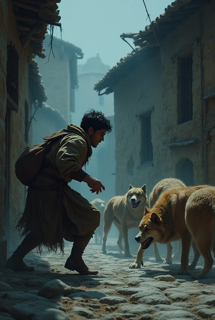 Side view of a young man squatting holding a stone to throw at a group of fierce dogs that are about to attack him in the middle of a quiet village with dim lighting.