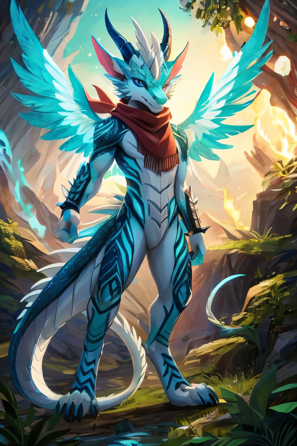 (anime), (front facing), (looking at the camera), slim furry white dragon using fire magic, (detailed eyes), white body color, blue secondary body color, (cyan, green and lime details), (creative spikes), scale patterns, very long muzzle, neck and tail fur, digitigrade, (creative horns), feathers, dark gradient, (wearing only a scarf), (body markings), nature background, full body