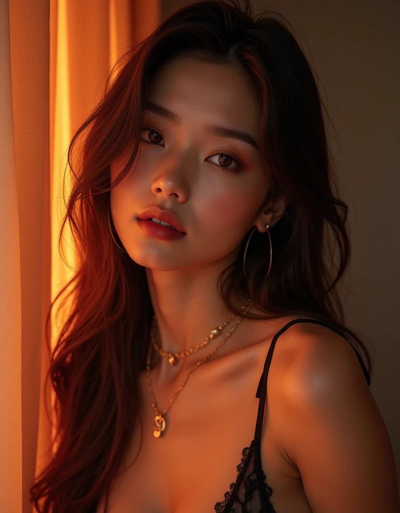 Award-winning masterpiece captures the essence of a stunning Korean woman, posed in a dynamic, high-fashion setup. Shot in RAW format with professional lighting and high-resolution cameras, this 8K Ultra HD image boasts photorealistic, ultrarealistic details. The subject's porcelain-like skin, courtesy of subsurface scattering, radiates a captivating glow. Her piercing eyes, bright and open, seem to lock onto the viewer's gaze, drawing them in. A stunning figure, accentuated by slim, attractive curves and gorgeous features, is showcased in a luscious, long-haired coiffure. The sizzling hot fi is tempered by the alluring allure of her full-body pose in sultry lingerie, showcasing a breathtaking combination of beauty, aesthetics, and seduction.