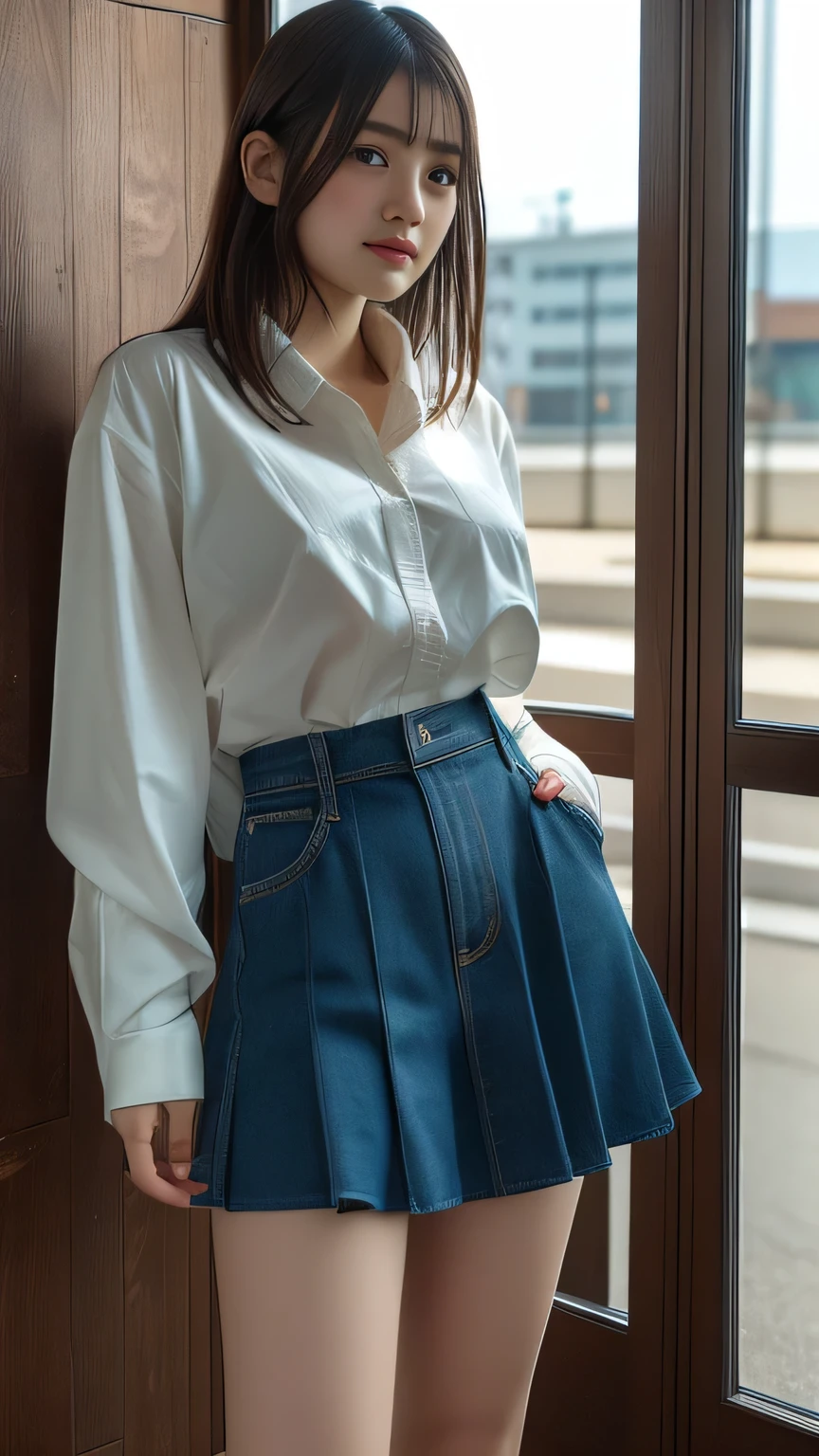 (Highest quality,4K,8k,High resolution,Flying debris:1.2),Very detailed,(Realistic,photoRealistic,photo-Realistic:1.37), Studio Lighting,Ultra-fine painting,Sharp focus,Physically Based Rendering, Extremely detailed,Professional,Bright colors, Bokeh, Portraiture, landscape, Beautiful bob haircut、pretty girl,Brown Hair、 Beautiful Eyes,Ample breasts, (The Great Depression is about to burst:1.20)、thin body type、thin、thin脚,Big Ass,White shirt,Black culotte skirt, White sneakers,School, Beautiful girl in the photo, Sunshine Coast, View your audience, smile, Japanese Idols,
