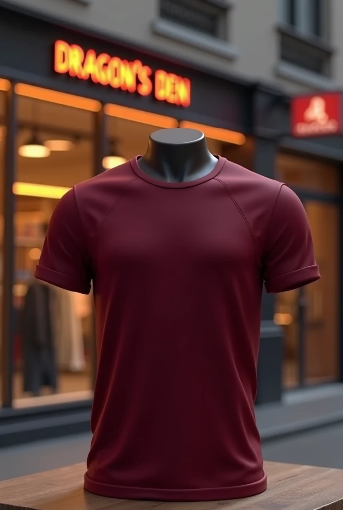 Create a image of a marron t shirt and in background is have a collection store name as dragons den