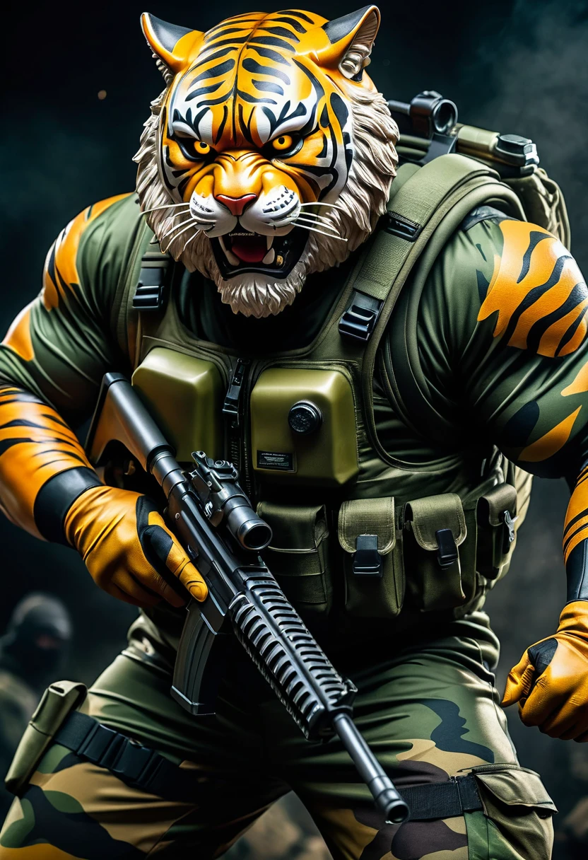 (a dark-skinned bearded fat muscular old man in a bulky army camouflage zipper diver suit) holding a gun, (wearing a small-sized realistic roaring tiger mask), dynamic action pose, fierce expression, showcasing an imposing stature, surrounded by military elements, dramatic shadows and intense highlights, cinematic color tones, high detail, powerful, art influenced by Bruce Onobrakpeya and Stanley Artgerm, ultra-detailed, best quality image, action-packed atmosphere. patrolling