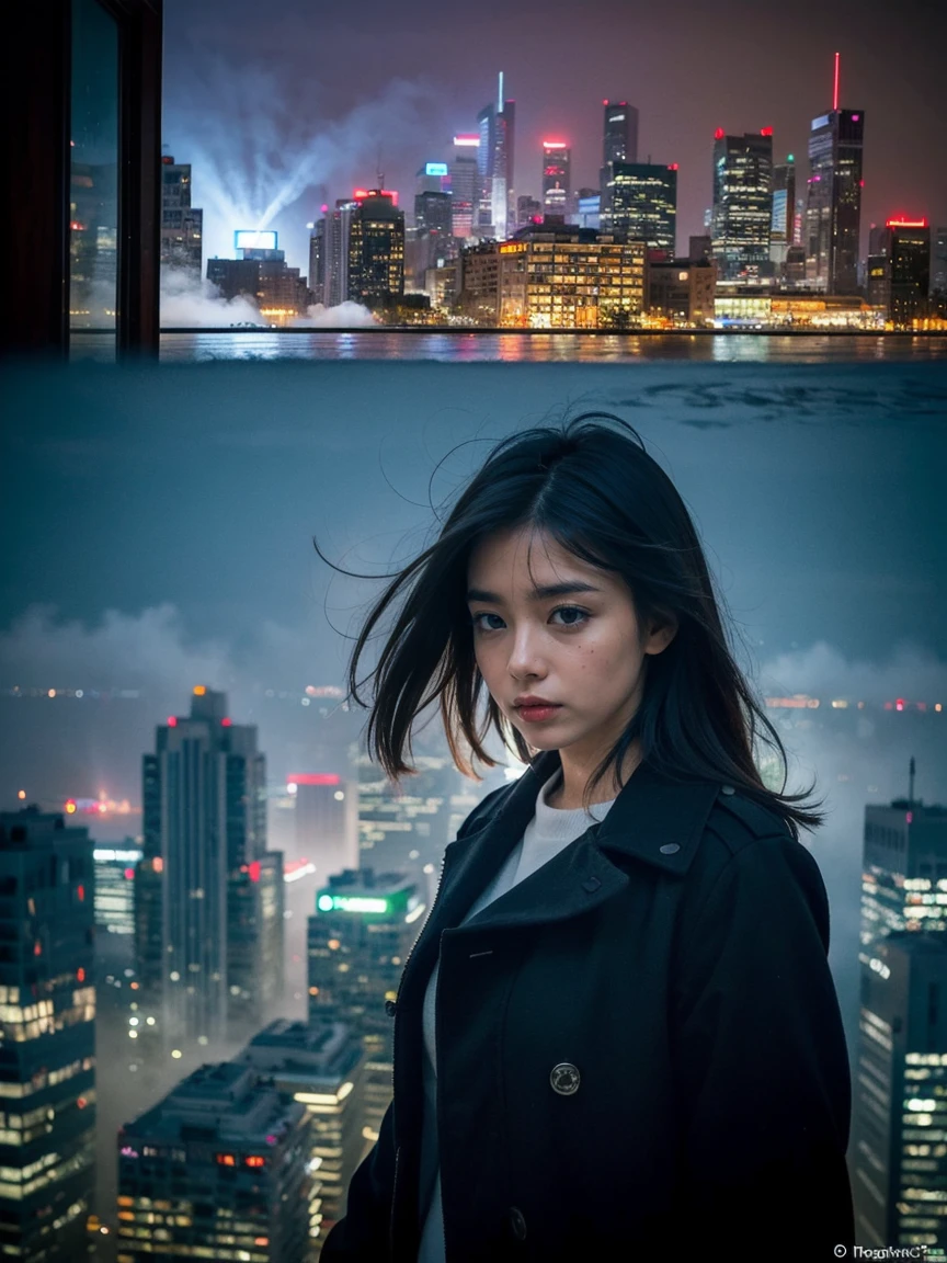 ((Top Quality)), ((Masterpiece)), ((Details)), ((colorful: 1.5)), upper body, (eyeshadow: 1.2), ((close-up: 1.1)), More Saturation, strong reflections, bright shade, Place the girl in the foreground at large, ((Surrealism: 1.3)), A foggy cityscape with tall buildings shrouded in mist, where an owl glides silently between the skyscrapers. A young girl stands on a rooftop, peering into the fog, her figure barely visible. The owl, a mystery symbol, guides her through the obscured city.

