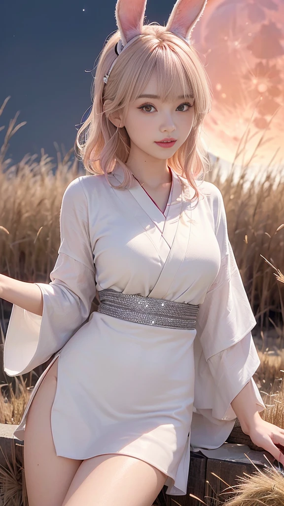 (Ultra high definition,Very sophisticated,Perfect Face,Age is 16,Highest quality,Realistic raw texture,Realistic,Natural smile,Pink platinum blonde,Sexy hairstyle:1.5),(Slender and exquisite physique,Stylish thin eyebrows:1.2),(see through,Japanese clothing,Japanese twelve-layered kimono,Bunny ears:1.4),(perfect body,perfect proportion,The torso is short,Red full moon and silver grass background,Time: Night:1.3),