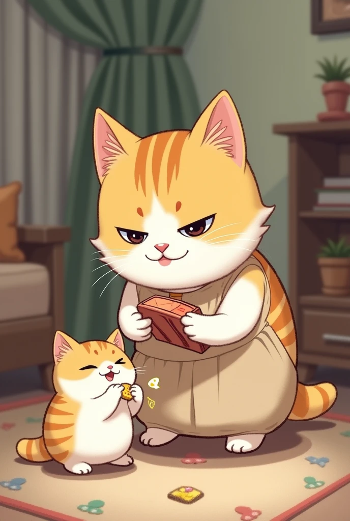 the small white yellow fat cat mother cat in dress is scolding him in the room.the mother cat snatching the game from small white yellow fat cat in the room