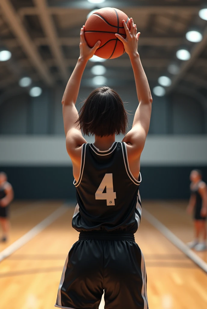 basketball、gym、Uniform number AN、The uniform is stylish black.、A lively  girl、Short Hair、Sweat、energy、cool、Real、4Ｋ、Dashing、Back view shooting scene