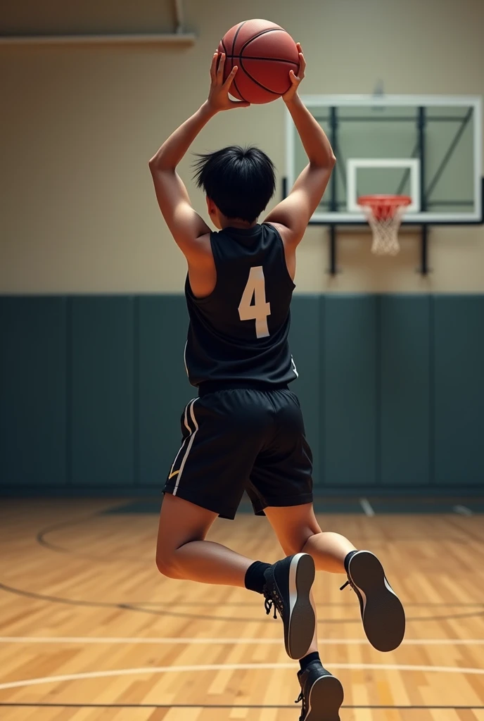 basketball、gym、Uniform number AN、The uniform is stylish black.、A lively girl、Short Hair、Sweat、energy、cool、Real、4K、Dashing、Back view shooting scene