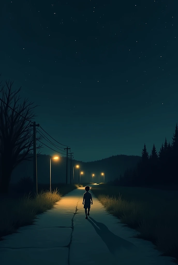 A boy walking on road in mid night there's a dim light there