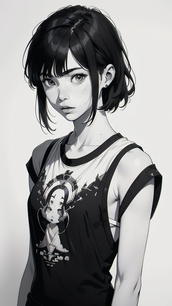 1 korean boyish girl, solo, sharp eyes, monochrome, greyscale, shoulder length black hair, portrait, blank white T-shirt, Thin eyebrows, closed mouth, looking at viewer, graphite \(medium\), detailed lips, hatching \(texture\), without makeup, (bangs), upper body, (best illustration), (best quality), (very detailed), (masterpiece), expressionless,