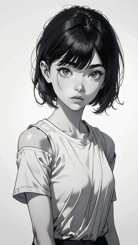 1 korean boyish girl, solo, sharp eyes, monochrome, greyscale, shoulder length black hair, portrait, blank white T-shirt, Thin eyebrows, closed mouth, looking at viewer, graphite \(medium\), detailed lips, hatching \(texture\), without makeup, (bangs), upper body, (best illustration), (best quality), (very detailed), (masterpiece), expressionless,