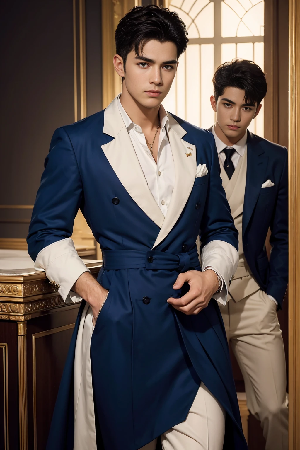 ((masterpiece)),((best quality)),8K,high detail,Very detailed, Very manly，3 men, like，fashion pose, Realistic skin texture, Light,
Royal blue style couple，Perfect hand details