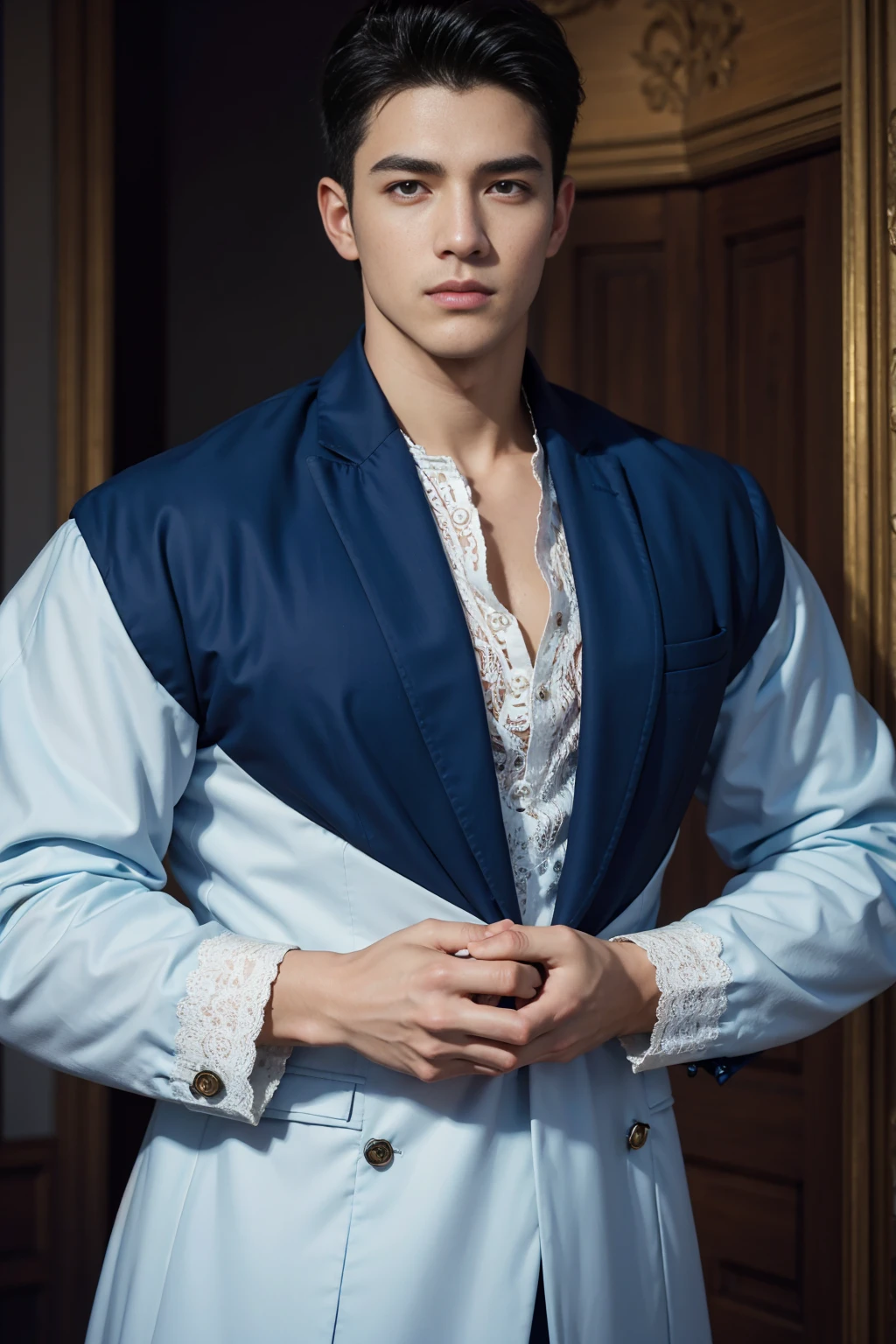 ((masterpiece)),((best quality)),8K,high detail,Very detailed, Very manly,3 men, like,fashion pose, Realistic skin texture, Light,
Royal blue style couple,Perfect hand details