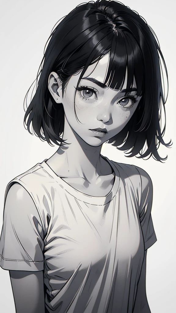 1 korean boyish girl, solo, sharp eyes, monochrome, greyscale, shoulder length black hair, portrait, blank white T-shirt, Thin eyebrows, closed mouth, looking at viewer, graphite \(medium\), detailed lips, hatching \(texture\), without makeup, (bangs), upper body, (best illustration), (best quality), (very detailed), (masterpiece), expressionless,
