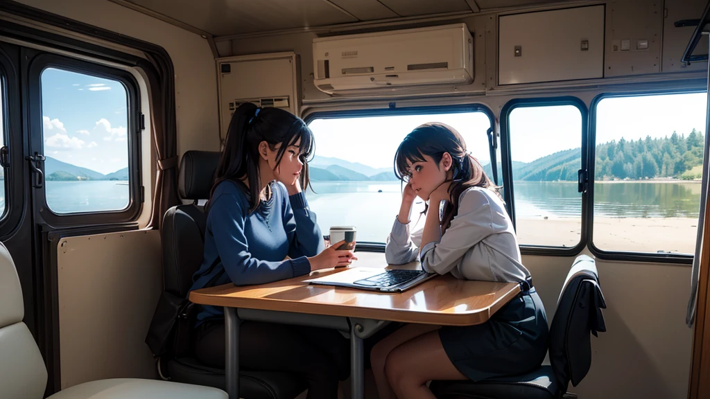 Describe a scene where a woman is sitting at a desk in a camper with a wide window, concentrating on her laptop. The camera shows a close-up of the woman and the window, which gives a clear view of the large lake outside. On the desk in front of her is a cup of coffee.