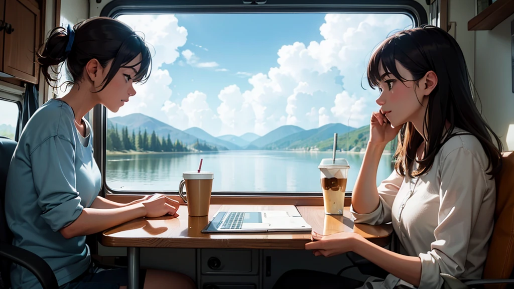 Describe a scene where a woman is sitting at a desk in a camper with a wide window, concentrating on her laptop. The camera shows a close-up of the woman and the window, which gives a clear view of the large lake outside. On the desk in front of her is a cup of coffee.
