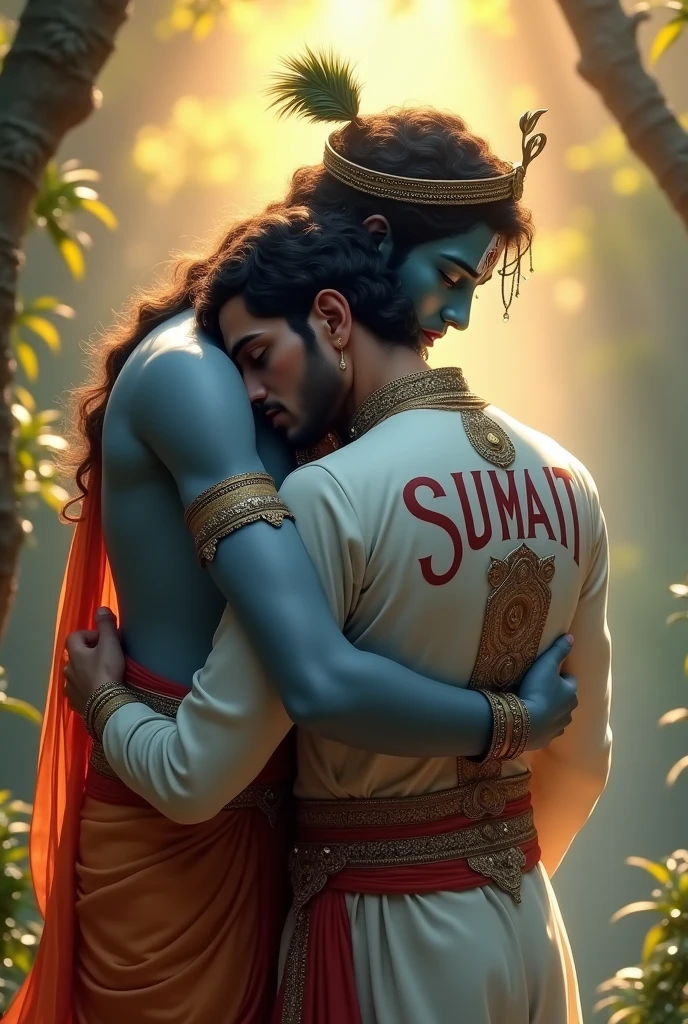 generate an image in which lord krishna hugging a 30 year old men named "sumit" Wearing white kurta and black pant in hindu heaven and both are crying and the name of men "sumit" dispalyed in his back jn bold lettera  