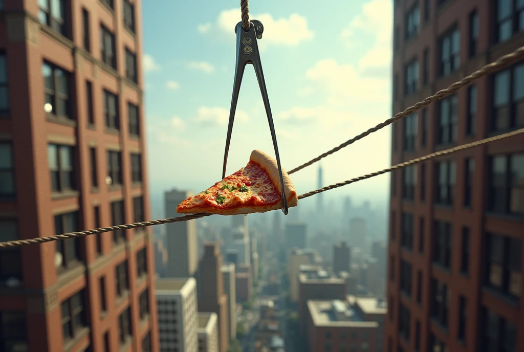 Draw a rope connected between two buildings and on the rope attached to a pizza with laundry tweezers on it 