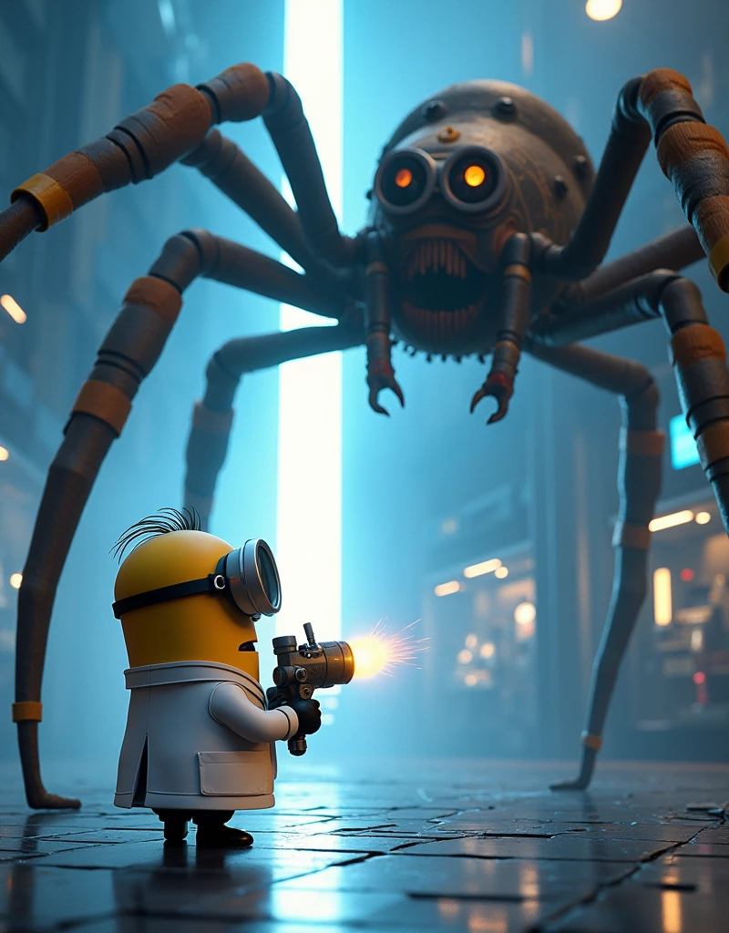Minion Kevin Scientist Suit Image.stand in front of the big energy cannon, emitted a powerful beam of light aimed straight at the giant spider.. The spider backed away., one leg was hit, but still powerful. Khung cảnh căng thẳng, The light from the cannon lit up the entire laboratory..