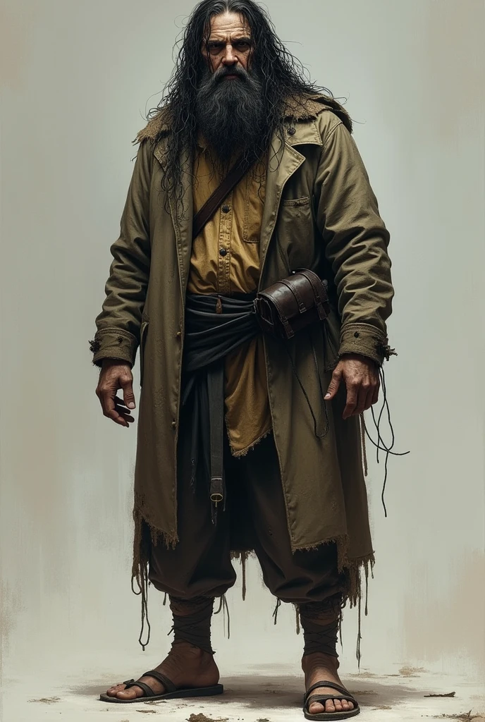 A tall man, His face was gloomy, covered in a long, dirty beard that looked like it hadn't been cut in months.. His long, dark hair was just as battered as his beard.. His clothes were dirty and looked old., like his gloves, and he was barefoot