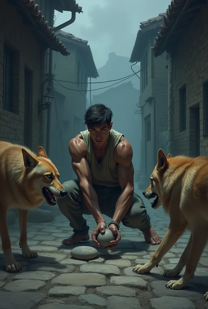 Side view of a young man squatting holding a stone to throw at a group of fierce dogs that are about to attack him in the middle of a quiet village with dim lighting.