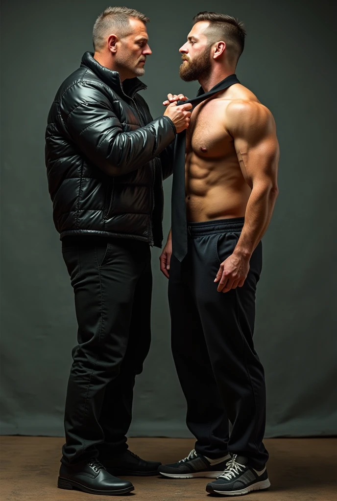 ATTENTION: (((*TWO MALES HANDSOME MAN TOGETHER*))) IN HIGH REALISTIC RAW IMAGE. Man A 41, exceptionally handsome man with light-colored eyes and short, thinning hair. He is (((dressed a pants, formal shoes, and an open, *extremely shiny black leather puffer jacket* that reveals his hairy chest and slightly prominent belly))). He is (((positioned on all fours))), with his head slightly raised as his necktie is being pulled by the domineering handsome man B. His is (((expressing deep humiliation and forced submission by the bad Man B, 32))), man with short hair, light skin, and a robust natural and hairy chest with a slightly prominent belly. He is (((wearing sports pants and sneakers, with no shirt, exposing his upper body))). Standing next to humiliating Man A, he grips the colar animal with a smug, dominant expression, (((pulling it to lift Man A’s head toward the camera))).
ATTENTION: extremely ultra mega high ACCURATE IMAGE. High resolution, Best quality, High details, HD model, Anatomically correct, Accurate. ATTENTION: (((*TWO MALES HANDSOME MAN TOGETHER*))). Man B is treating and humiliating the Man A like an animal with violence.